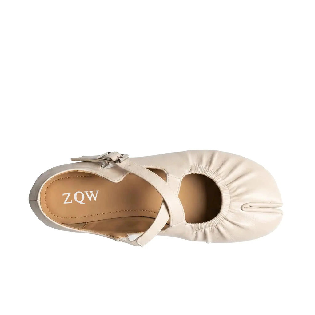 ZQW Ruched Tabi Mary Janes in white, top view – gathered ruched detail, cross strap with elastic connector, round split toe, wide-foot friendly silhouette