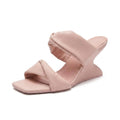 ZQW Sculptural Pink Heels, 45-degree angle view – chunky high block heel, open square toe, soft vegan leather, slip-on style