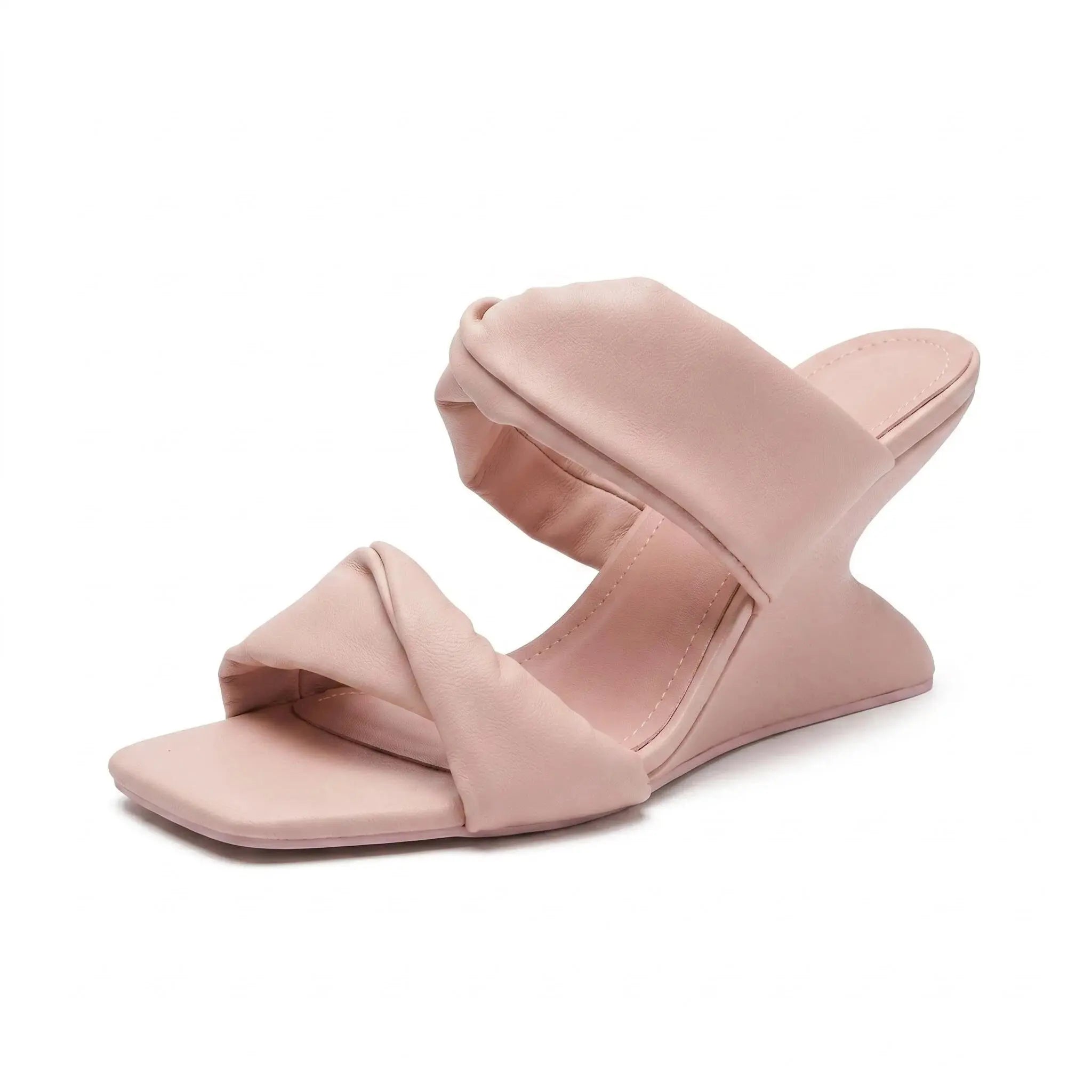 ZQW Sculptural Pink Heels, 45-degree angle view – chunky high block heel, open square toe, soft vegan leather, slip-on style