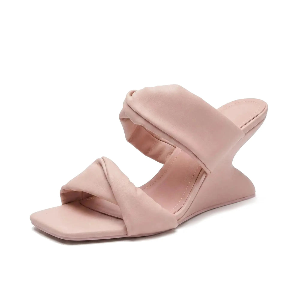 ZQW Sculptural Pink Heels, 45-degree angle view – chunky high block heel, open square toe, soft vegan leather, slip-on style
