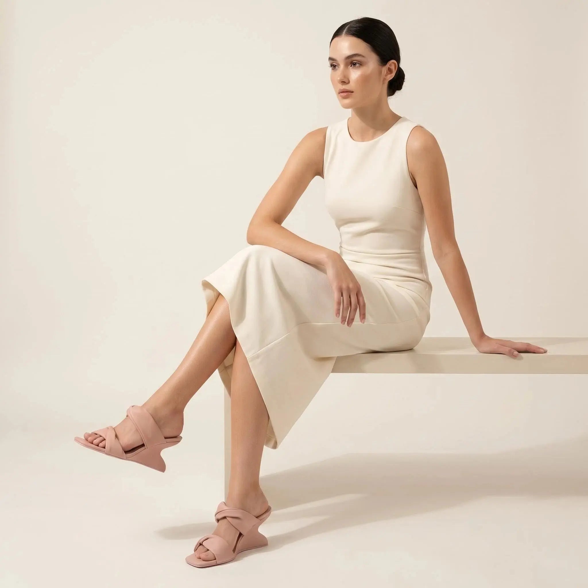 ZQW Sculptural Pink Heels, model wearing – statement pink heels with sculptural high block, stylish and comfortable for special occasions