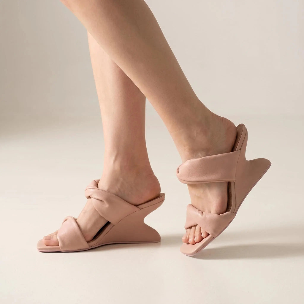 ZQW Sculptural Pink Heels, worn on feet close-up – open square toe, chunky heel provides stability, cushioned insole for all-night comfort