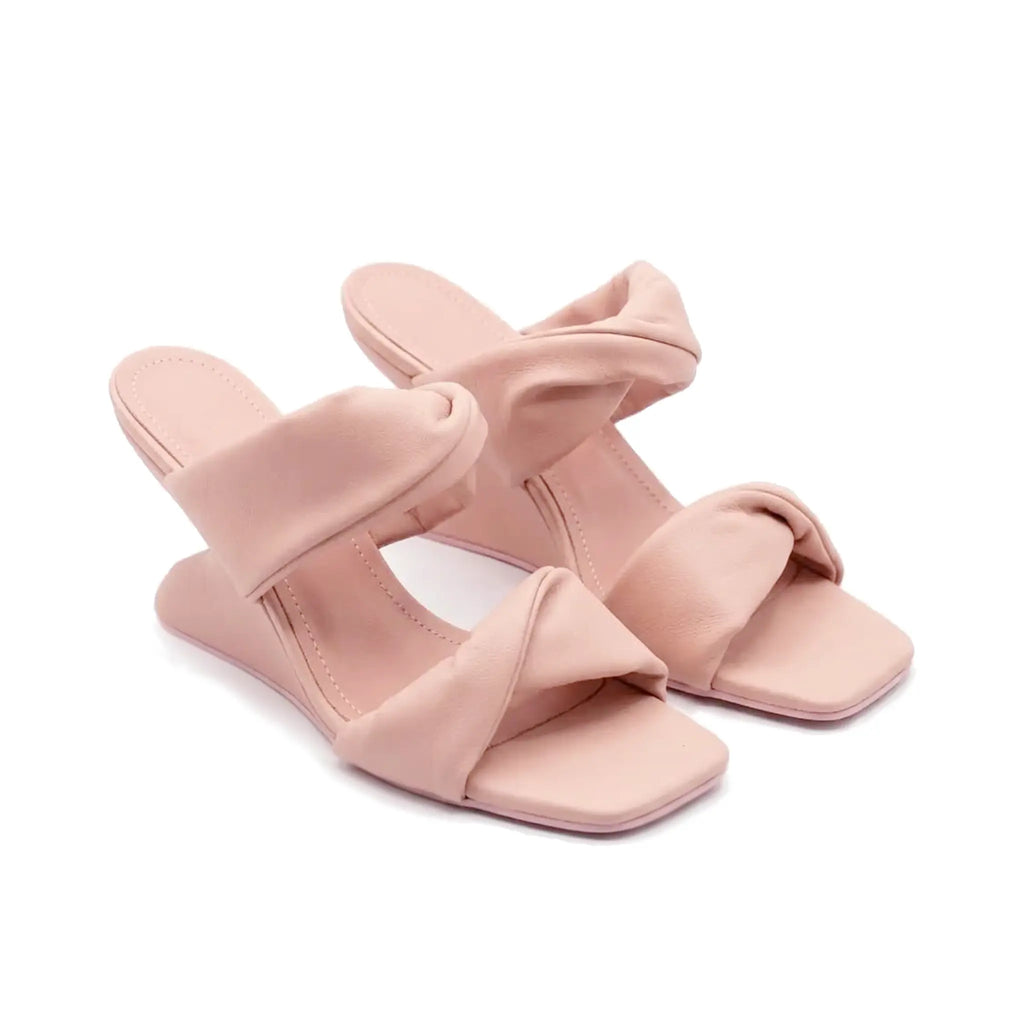 ZQW Sculptural Pink Heels, pair 45-degree view – matching pink chunky high heels, sculptural block heel, perfect for parties or weddings