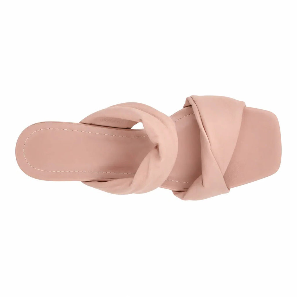 ZQW Sculptural Pink Heels, top view – open square toe silhouette, pink vegan leather upper, cushioned insole, wide-foot friendly