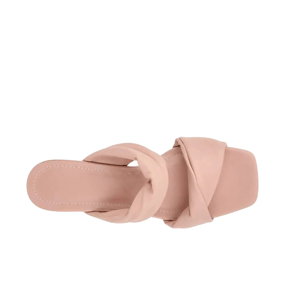 ZQW Sculptural Pink Heels, top view – open square toe silhouette, pink vegan leather upper, cushioned insole, wide-foot friendly