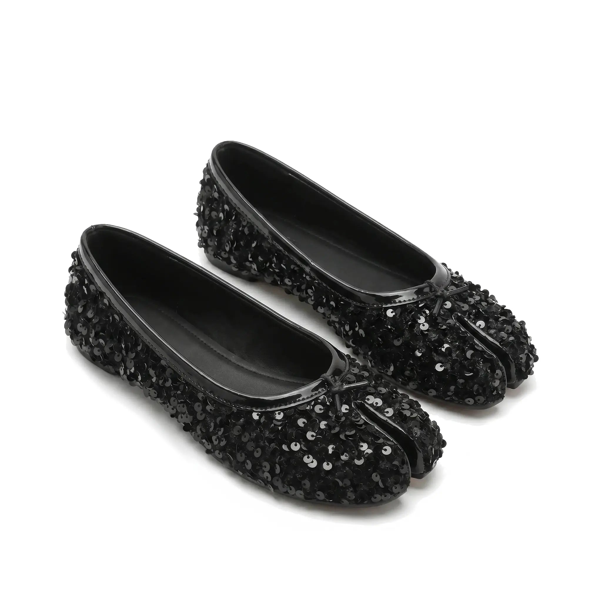 ZQW Sequin Tabi Flats in black, pair 45-degree view – matching black sequin tabi flats, round toe, perfect for parties or special occasions