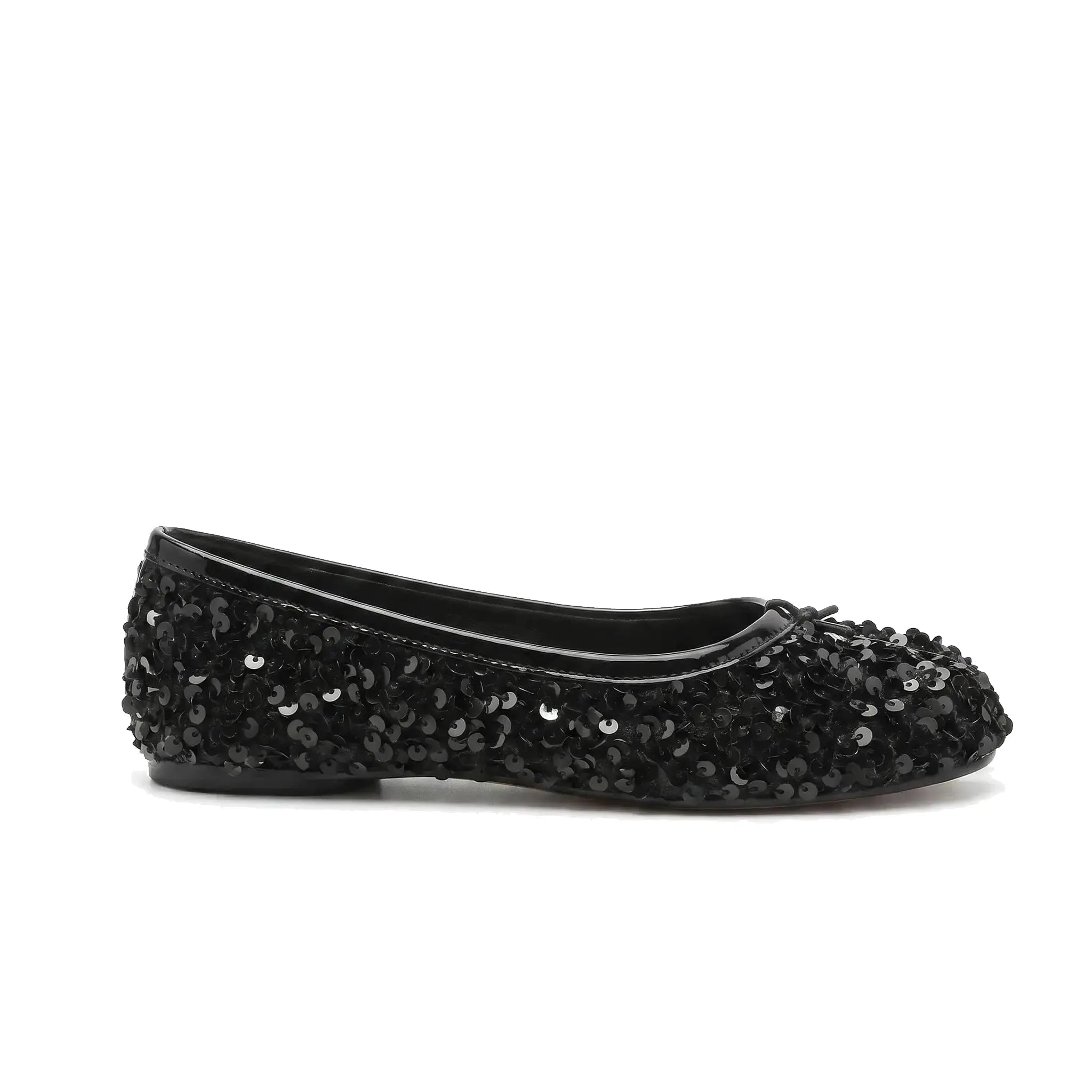 ZQW Sequin Tabi Flats in black, side view – low 0.7cm heel, anti-slip rubber outsole, black sequin upper, easy slip-on ballerina
