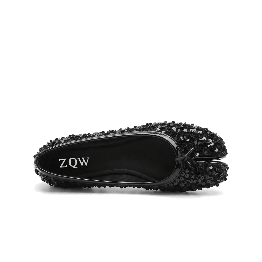 ZQW Sequin Tabi Flats in black, top view – full black sequin coverage across upper, round split-toe silhouette, wide-foot friendly, soft cushioned footbed