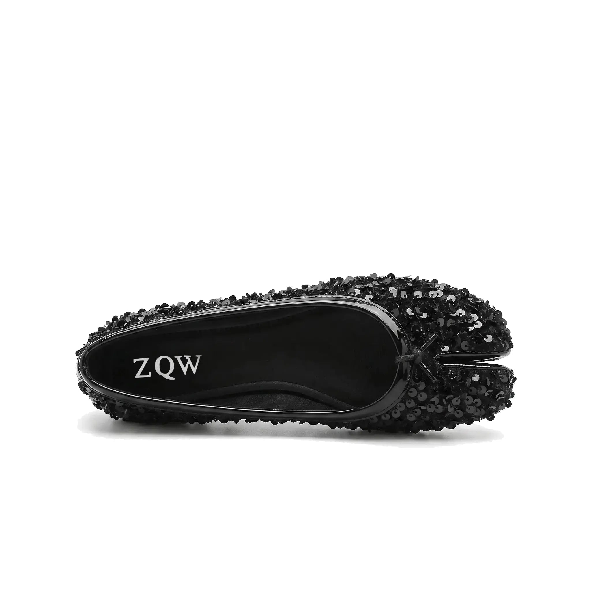 ZQW Sequin Tabi Flats in black, top view – full black sequin coverage across upper, round split-toe silhouette, wide-foot friendly, soft cushioned footbed
