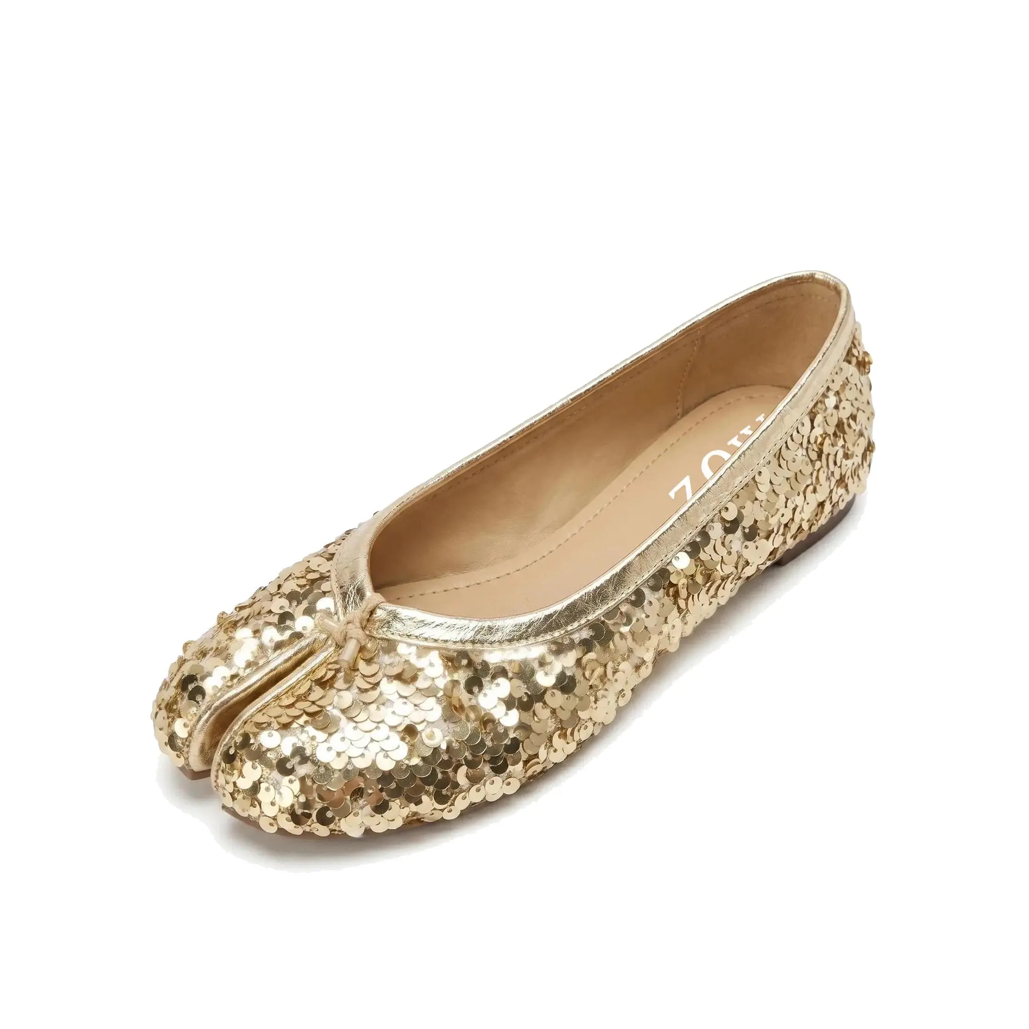 ZQW Sequin Tabi Flats in gold, 45-degree angle view – all-over gold sequin upper, split-toe design, slip-on style, cushioned insole, round toe