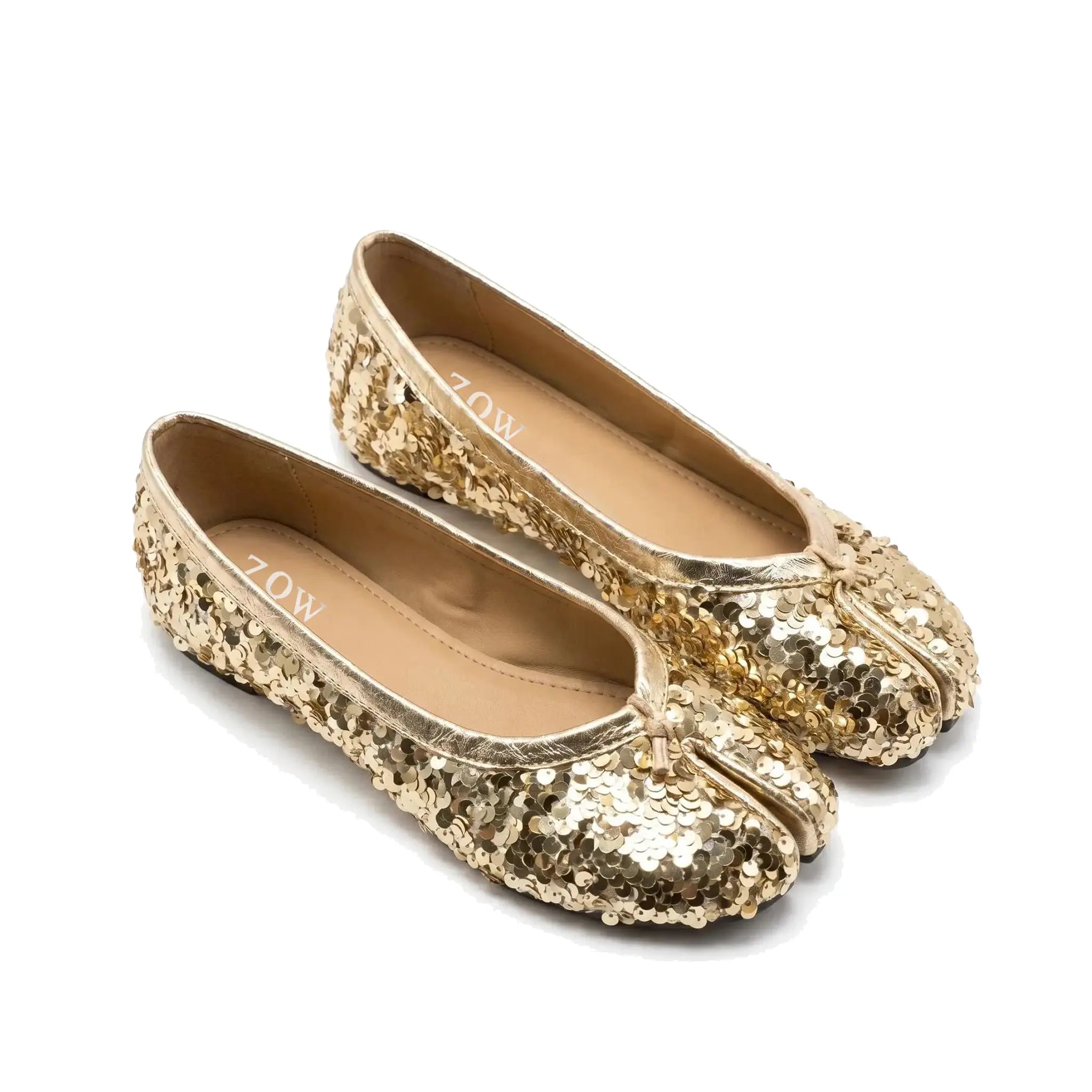 ZQW Sequin Tabi Flats in gold, pair 45-degree view – matching gold sequin tabi flats, round toe, perfect for parties or special occasions