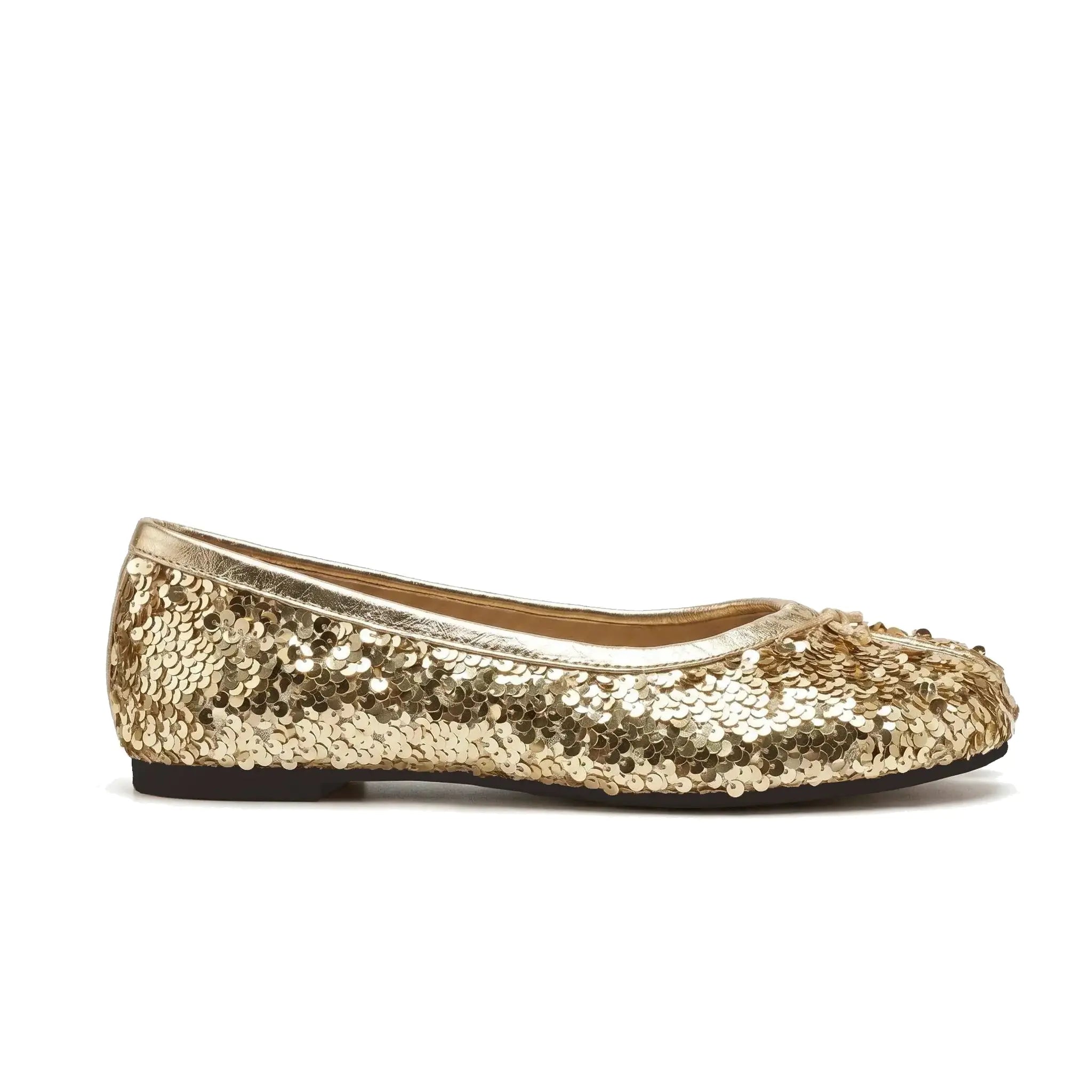 ZQW Sequin Tabi Flats in gold, side view – low 0.7cm heel, anti-slip rubber outsole, gold sequin upper, easy slip-on ballerina