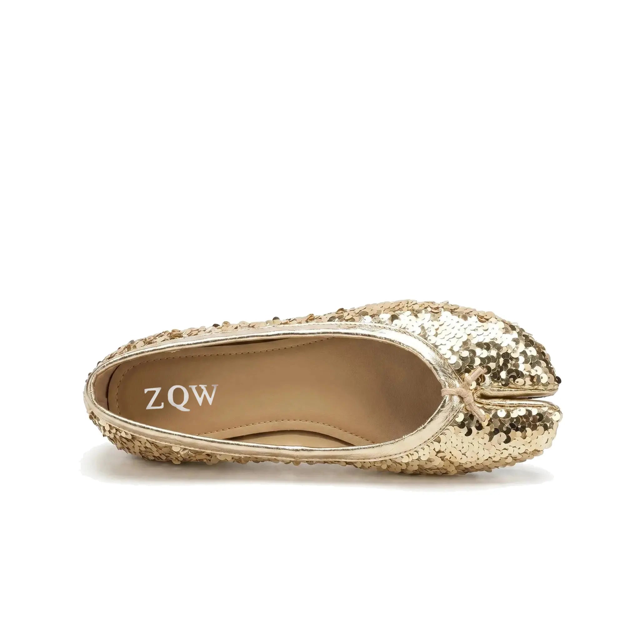 ZQW Sequin Tabi Flats in gold, top view – full gold sequin coverage across upper, round split-toe silhouette, wide-foot friendly, soft cushioned footbed