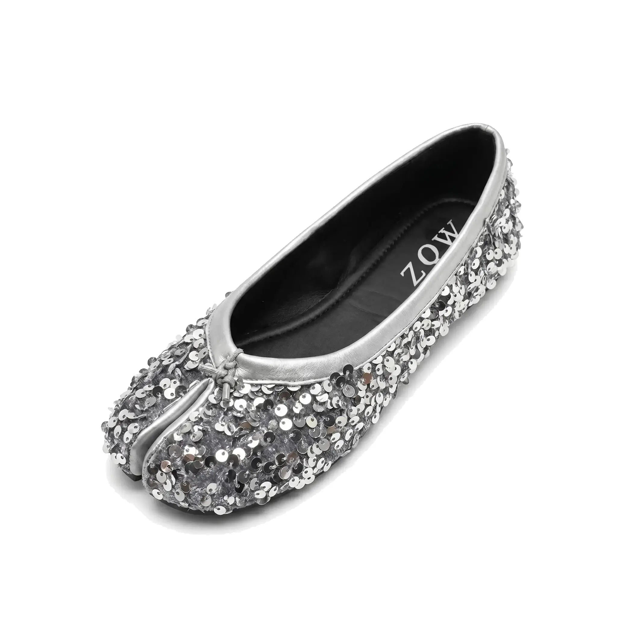 ZQW Sequin Tabi Flats in silver, 45-degree angle view – all-over silver sequin upper, split-toe design, slip-on style, cushioned insole, round toe