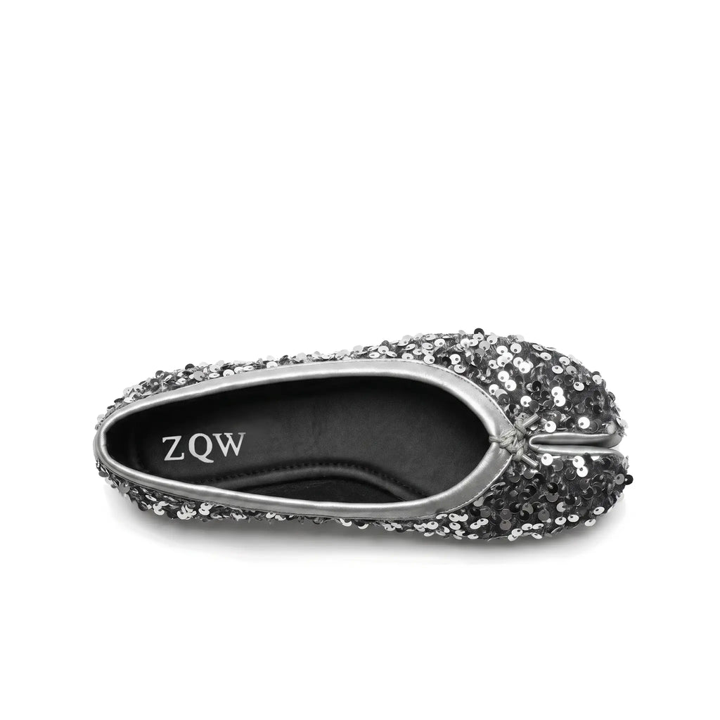 ZQW Sequin Tabi Flats in silver, top view – full silver sequin coverage across upper, round split-toe silhouette, wide-foot friendly, soft cushioned footbed