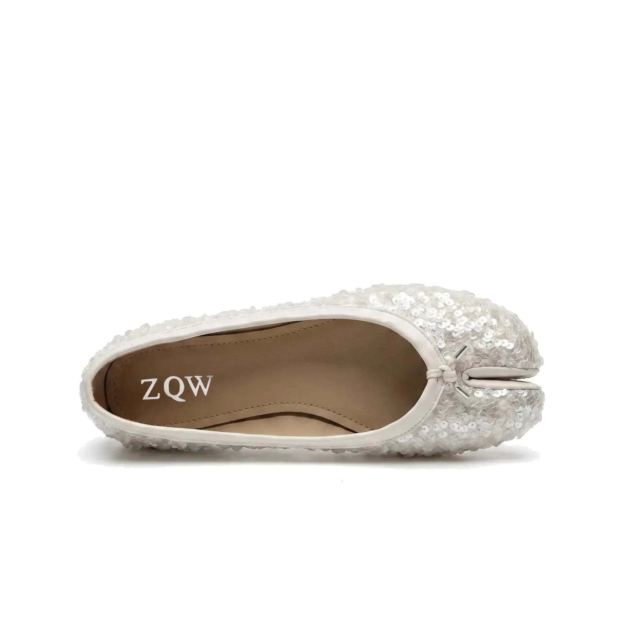 ZQW Sequin Tabi Flats in white, top view – full white sequin coverage across upper, round split-toe silhouette, wide-foot friendly, soft cushioned footbed