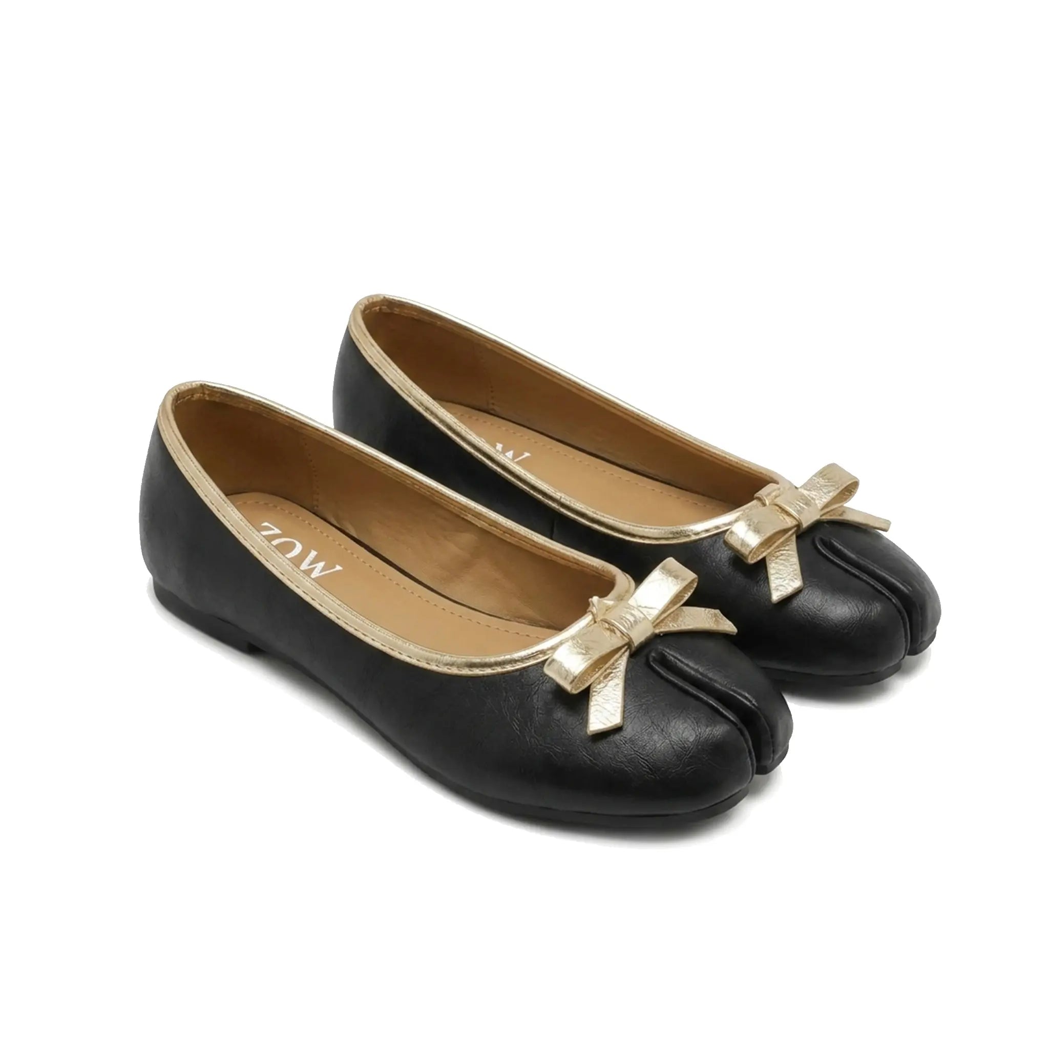 ZQW Tabi Bow Ballet Flats in black, pair 45-degree view – matching black bow tabi flats, round toe, perfect for daily casual or office wear
