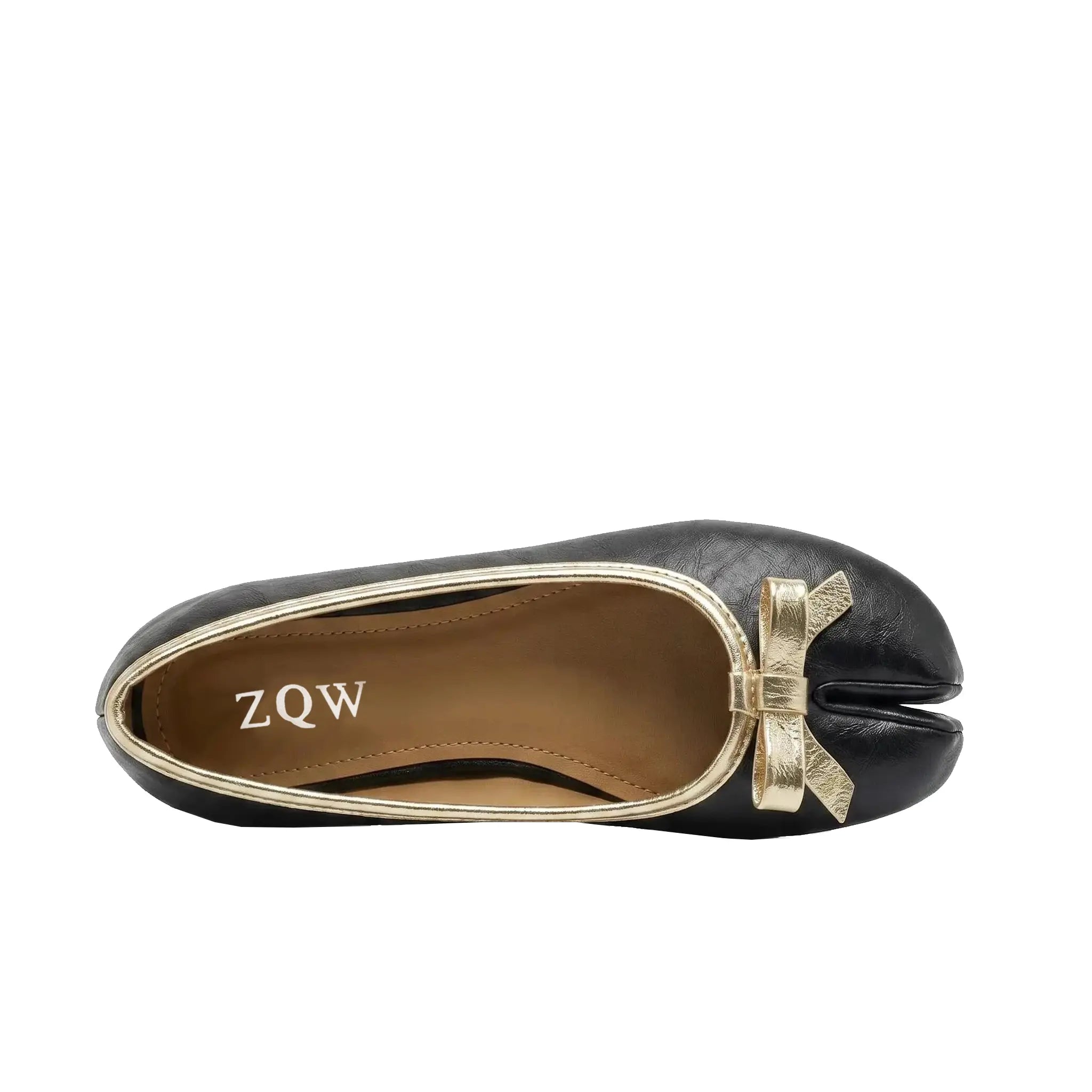 ZQW Tabi Bow Ballet Flats in black, top view – delicate bow accent, round split-toe silhouette, soft vegan leather upper, wide-foot friendly