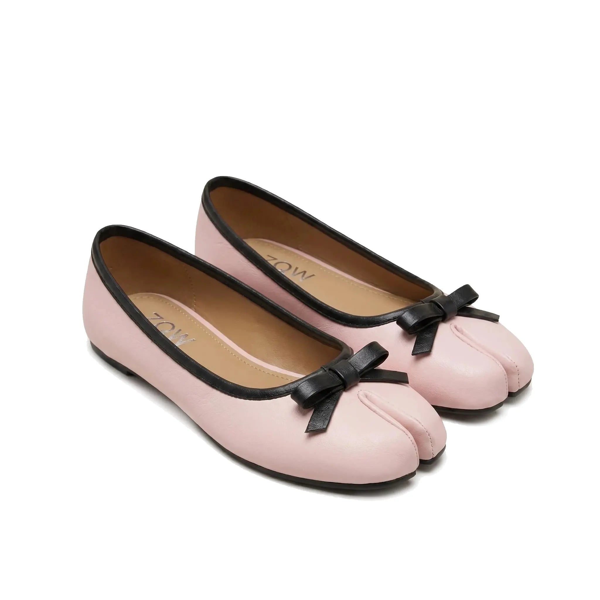 ZQW Tabi Bow Ballet Flats in pink, pair 45-degree view – matching pink bow tabi flats, round toe, perfect for daily casual or office wear
