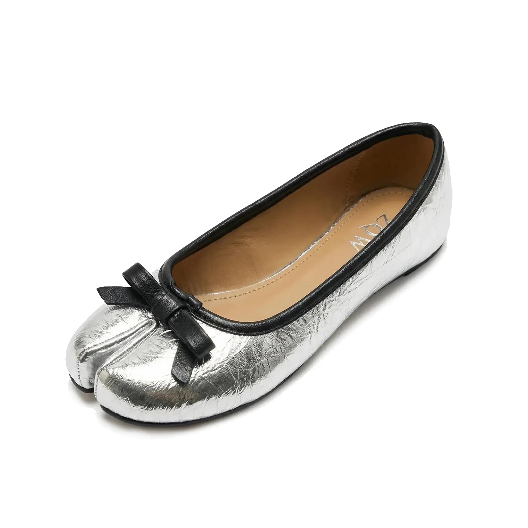 ZQW Tabi Bow Ballet Flats in silver, 45-degree angle view – split-toe design with cute bow detail, round toe, slip-on ballet flat, cushioned insole, metallic vegan leather