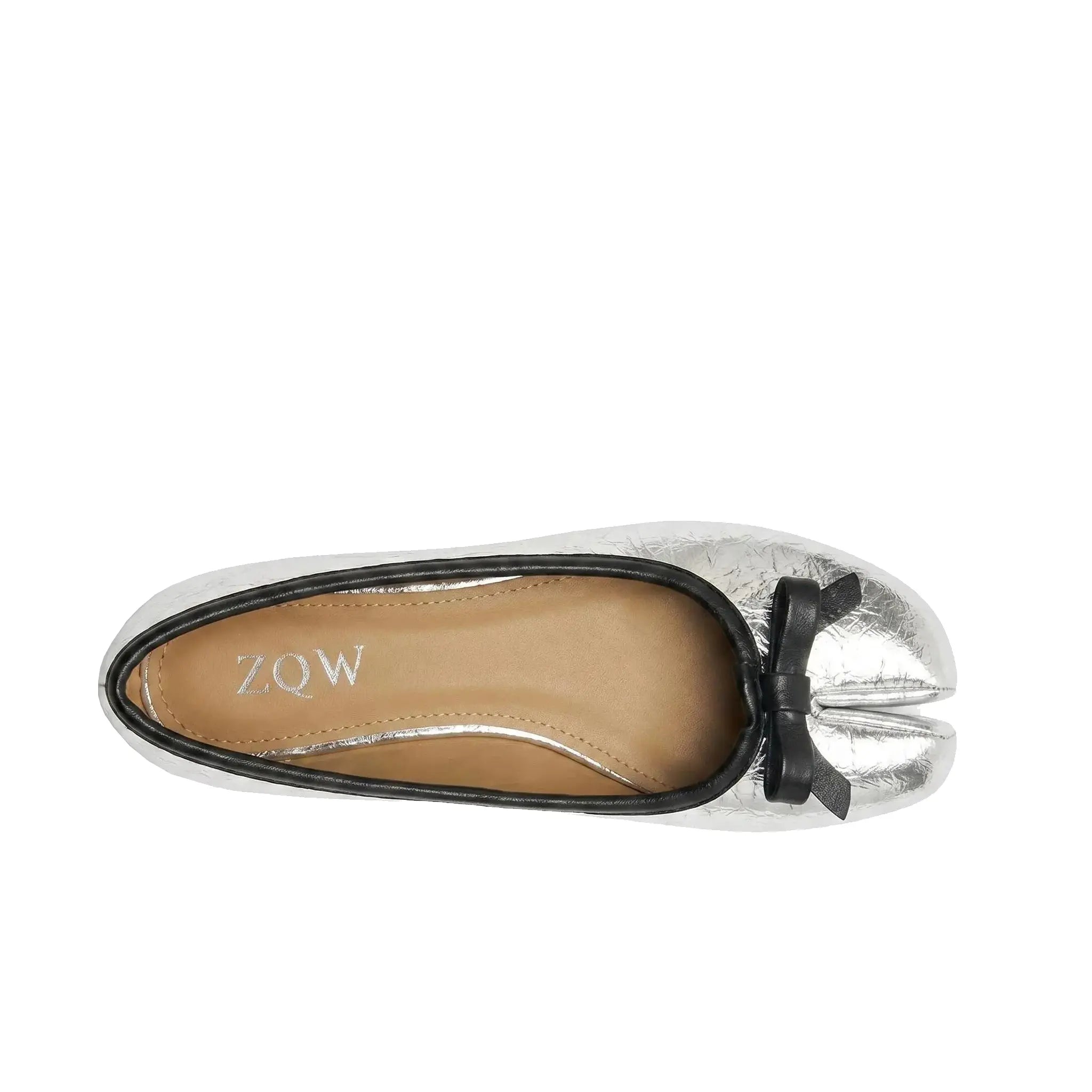 ZQW Tabi Bow Ballet Flats in silver, top view – delicate bow accent, round split-toe silhouette, soft metallic vegan leather upper, wide-foot friendly