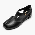 ZQW Tabi Mary Jane Flats in black, 45-degree angle view – T-strap with adjustable buckle, side cutout panels for breathability, hidden 3cm wedge, split-toe design, vegan leather