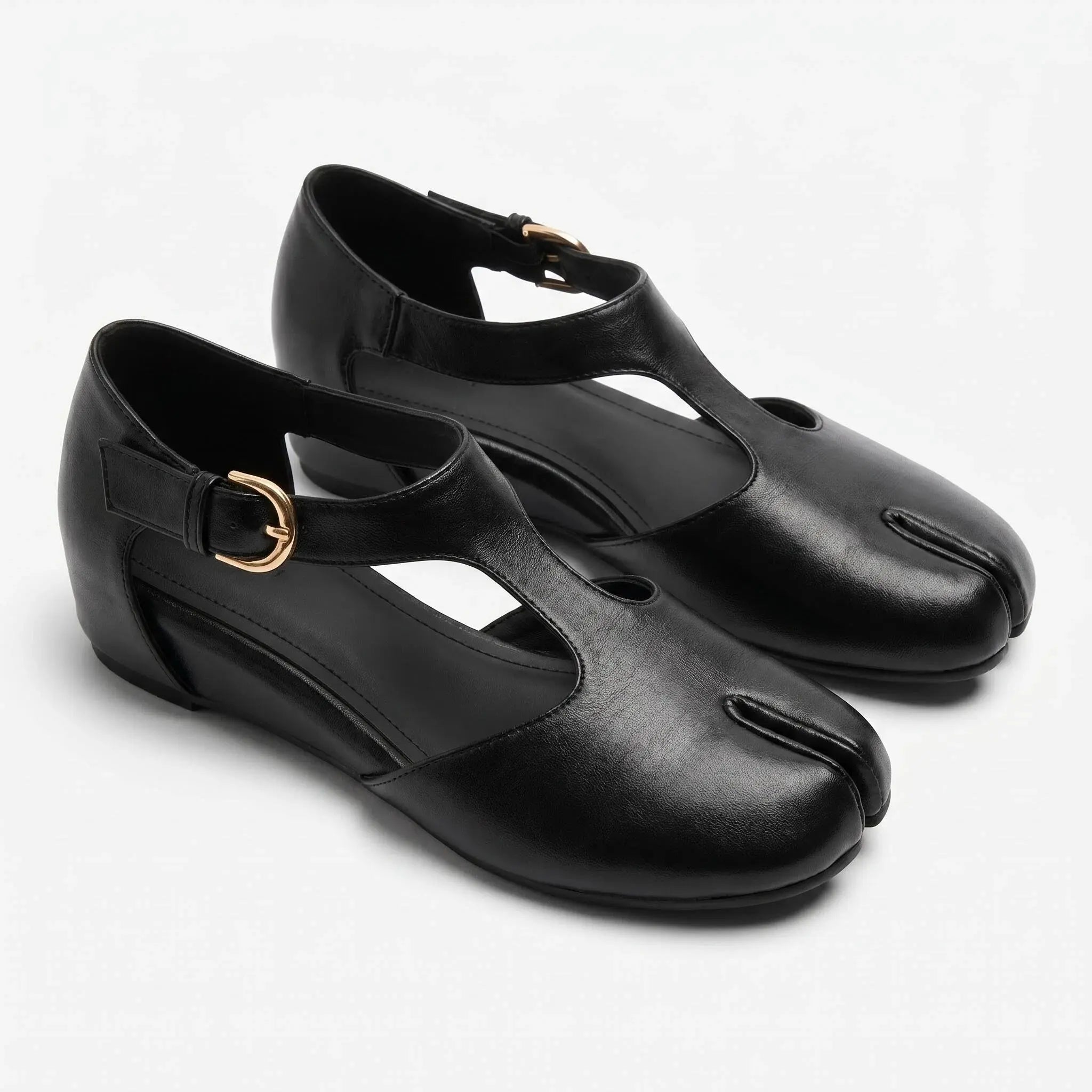 ZQW Tabi Mary Jane Flats in black, pair 45-degree view – matching T-strap flats with breathable cutouts and hidden wedge, perfect for work or travel