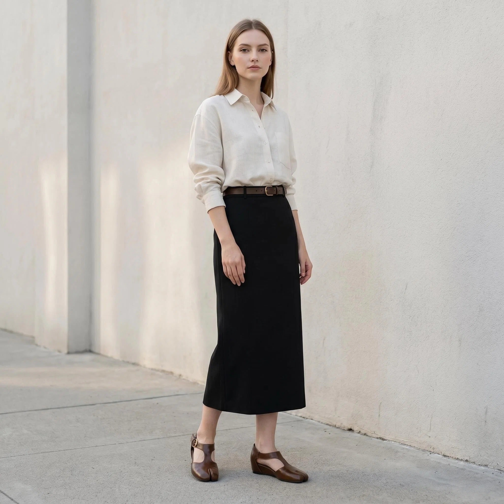 ZQW Tabi Mary Jane Flats in brown, model wearing – stylish yet comfortable Mary Jane tabi flats with hidden wedge, ideal for office or casual outings