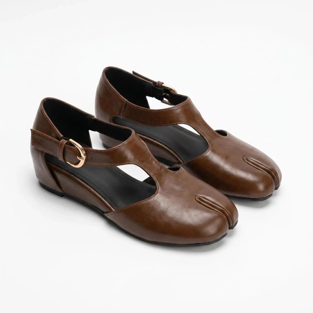 ZQW Tabi Mary Jane Flats in brown, pair 45-degree view – matching T-strap flats with breathable cutouts and hidden wedge, perfect for work or travel