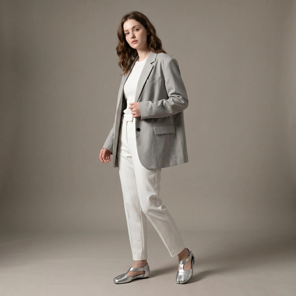 ZQW Tabi Mary Jane Flats in silver, model wearing – stylish yet comfortable Mary Jane tabi flats with hidden wedge, ideal for office or casual outings