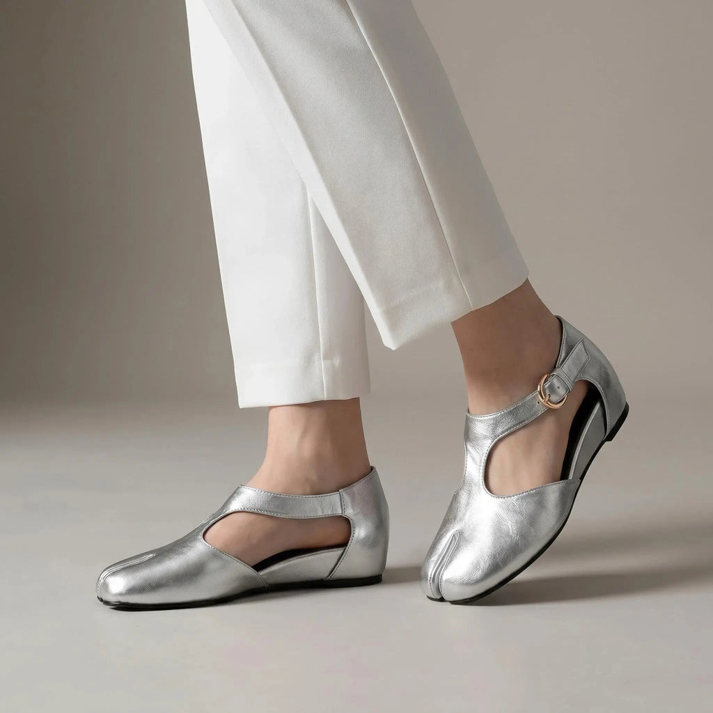 ZQW Tabi Mary Jane Flats in silver, pair 45-degree view – matching T-strap flats with breathable cutouts and hidden wedge, perfect for work or travel