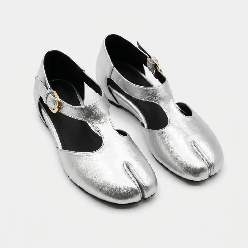 ZQW Tabi Mary Jane Flats in silver, pair 45-degree view – matching T-strap flats with breathable cutouts and hidden wedge, perfect for work or travel