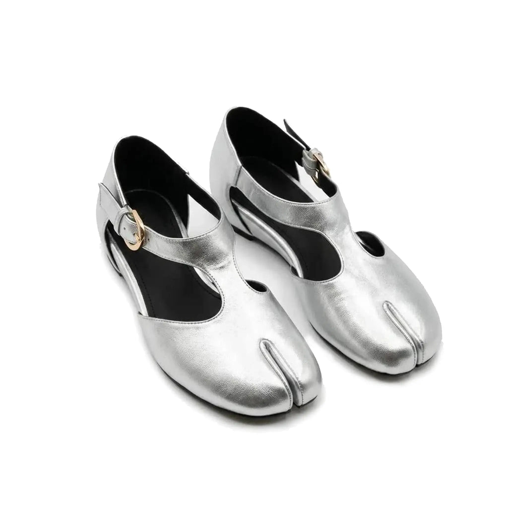 ZQW Tabi Mary Jane Flats in silver, pair 45-degree view – matching T-strap flats with breathable cutouts and hidden wedge, perfect for work or travel
