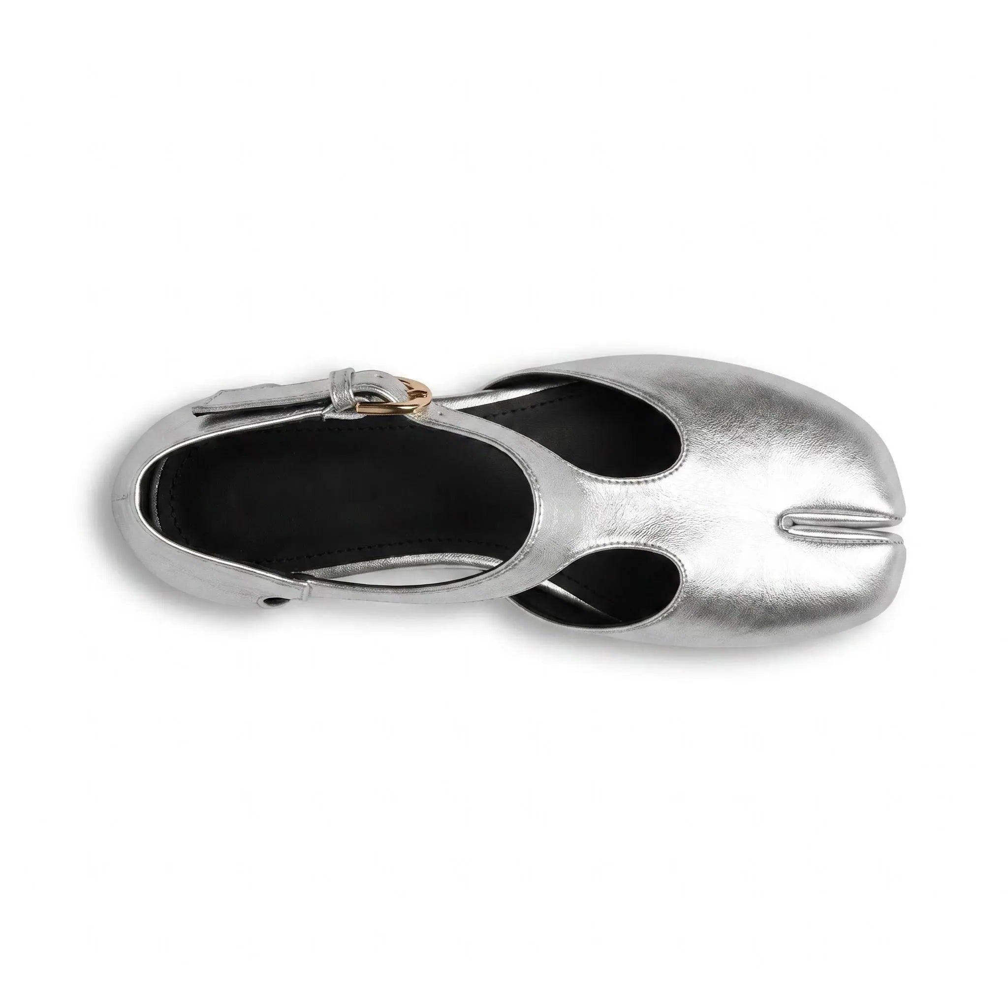 ZQW Tabi Mary Jane Flats in silver, top view – T-strap across instep, round split-toe silhouette, side cutouts, cushioned insole, wide-foot friendly fit