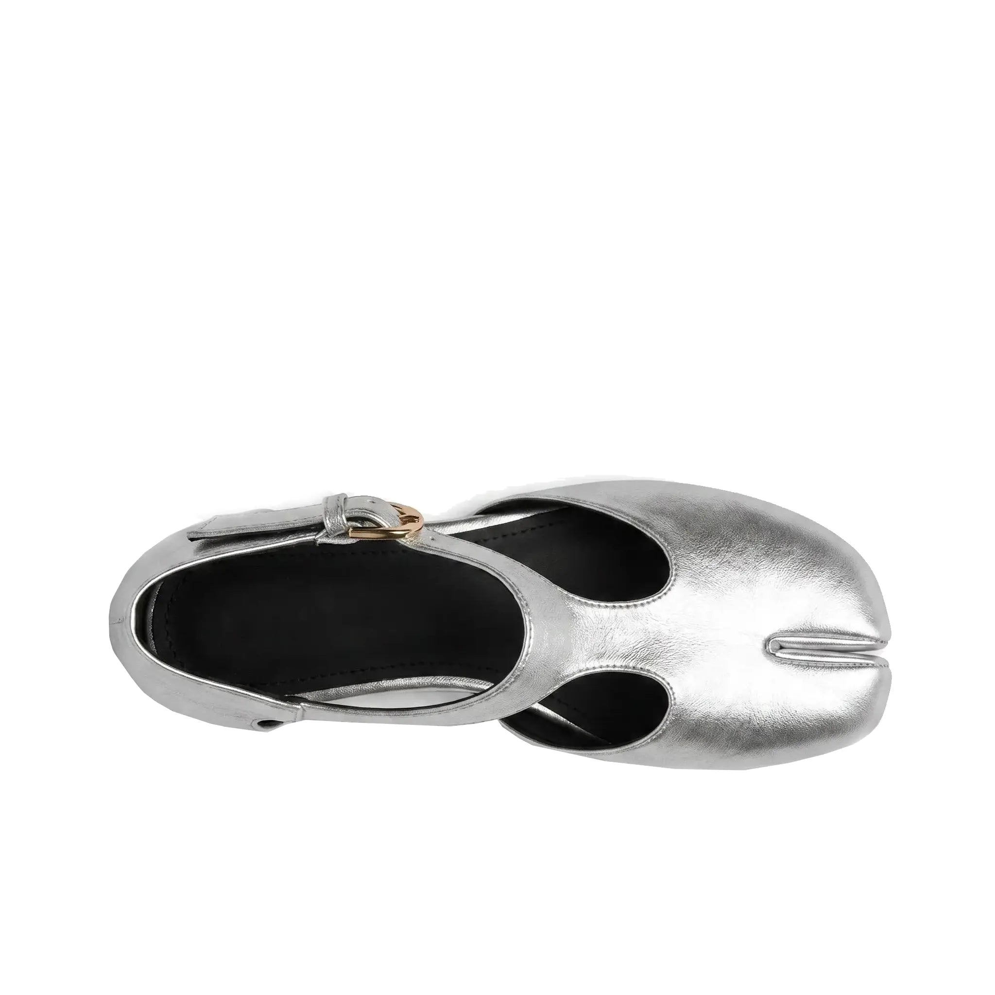 ZQW Tabi Mary Jane Flats in silver, top view – T-strap across instep, round split-toe silhouette, side cutouts, cushioned insole, wide-foot friendly fit