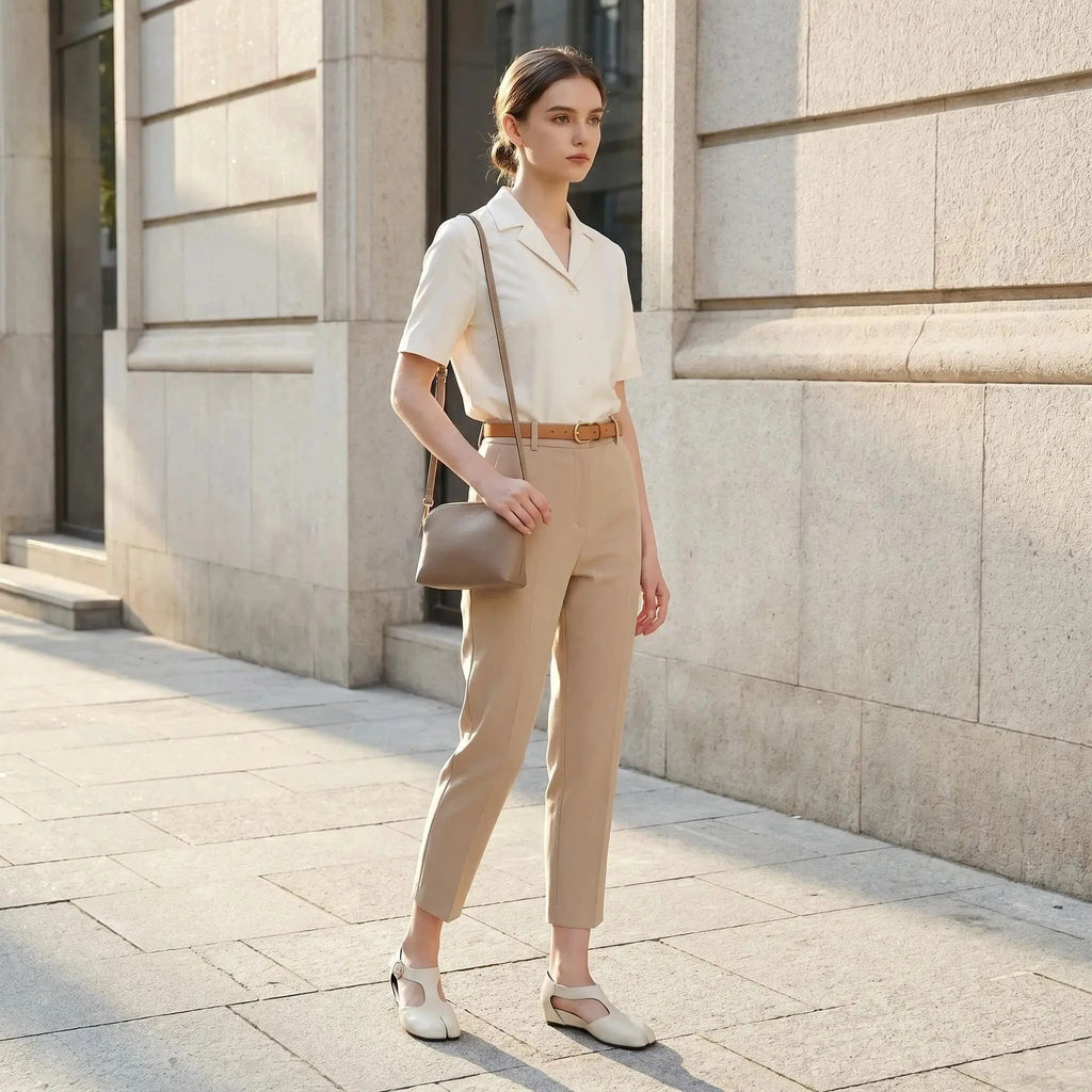 ZQW Tabi Mary Jane Flats in white, model wearing – stylish yet comfortable Mary Jane tabi flats with hidden wedge, ideal for office or casual outings