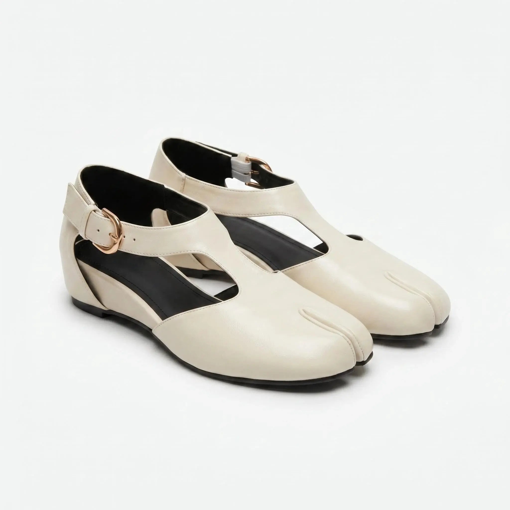 ZQW Tabi Mary Jane Flats in white, pair 45-degree view – matching T-strap flats with breathable cutouts and hidden wedge, perfect for work or travel