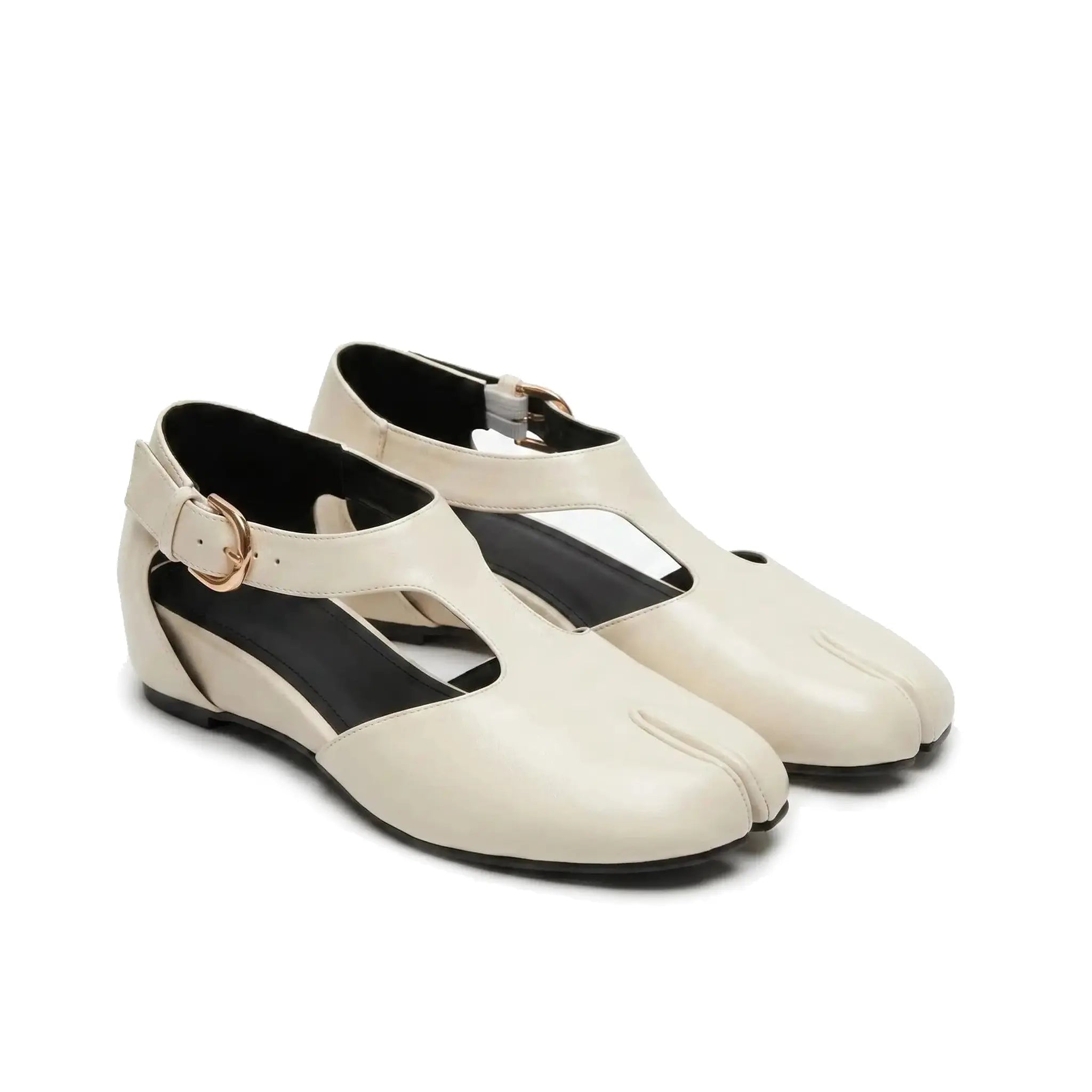 ZQW Tabi Mary Jane Flats in white, pair 45-degree view – matching T-strap flats with breathable cutouts and hidden wedge, perfect for work or travel