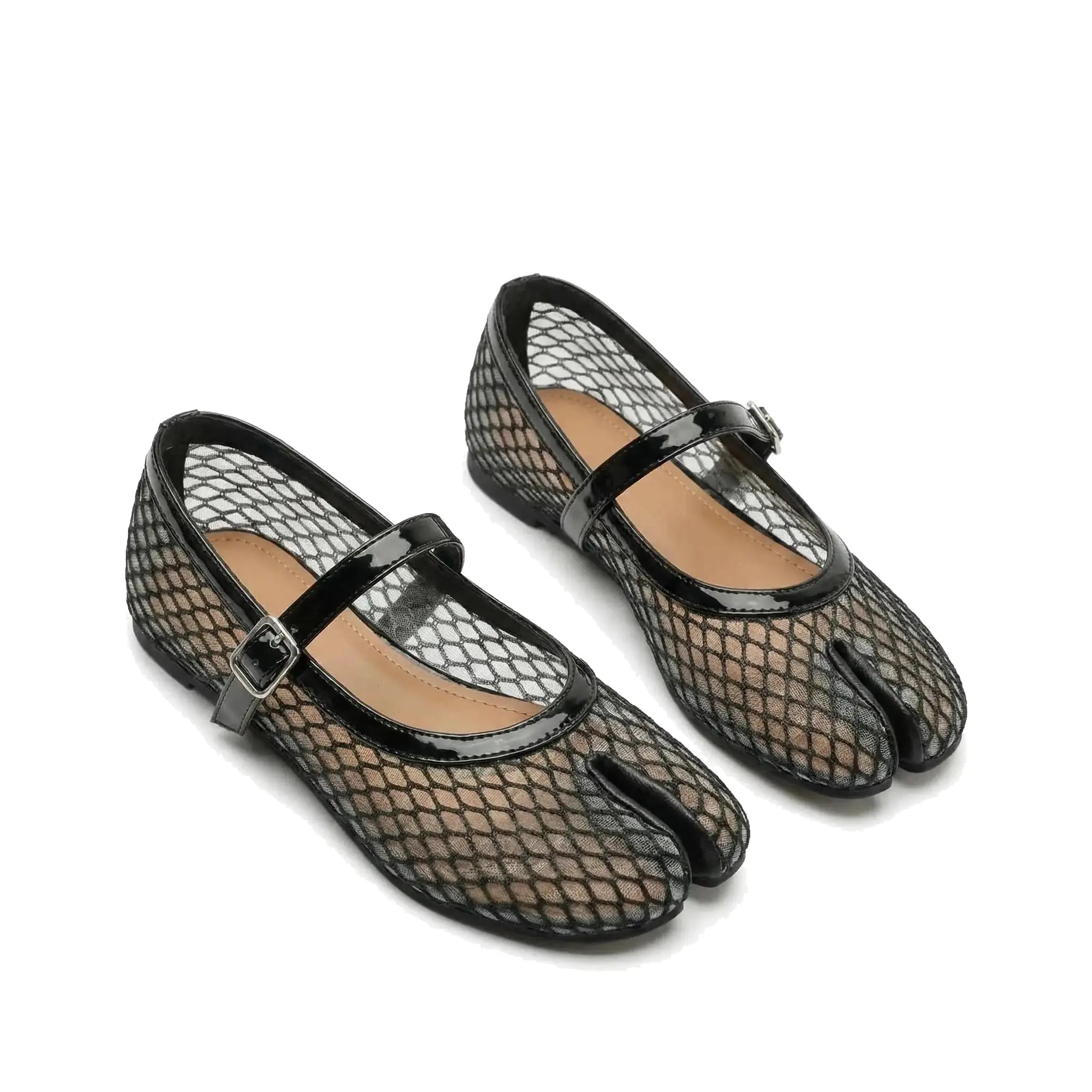 ZQW Tabi Mesh Mary Janes in black, pair 45-degree view – matching mesh Mary Jane flats with adjustable buckle, split-toe design, perfect for daily wear