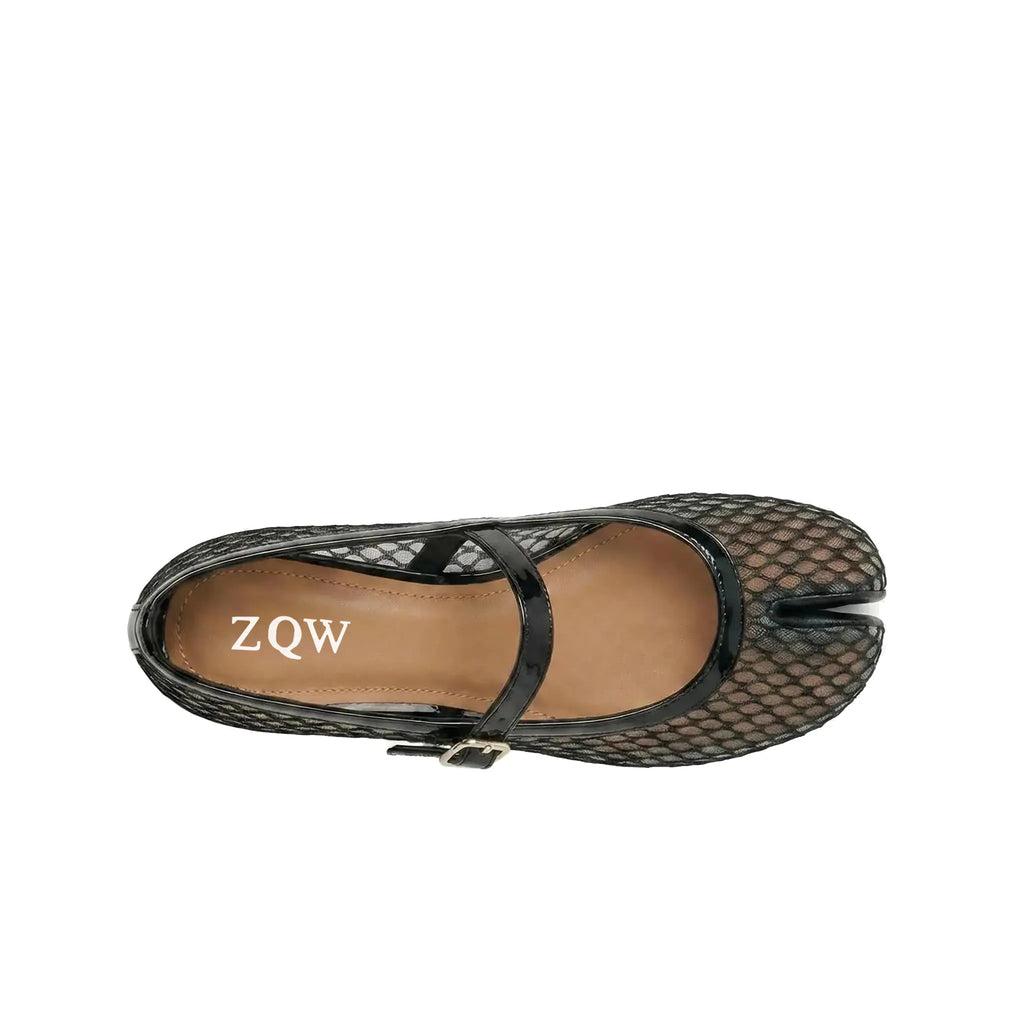 ZQW Tabi Mesh Mary Janes in black, top view – sheer black mesh upper, single adjustable buckle strap across instep, round split-toe silhouette, cushioned insole