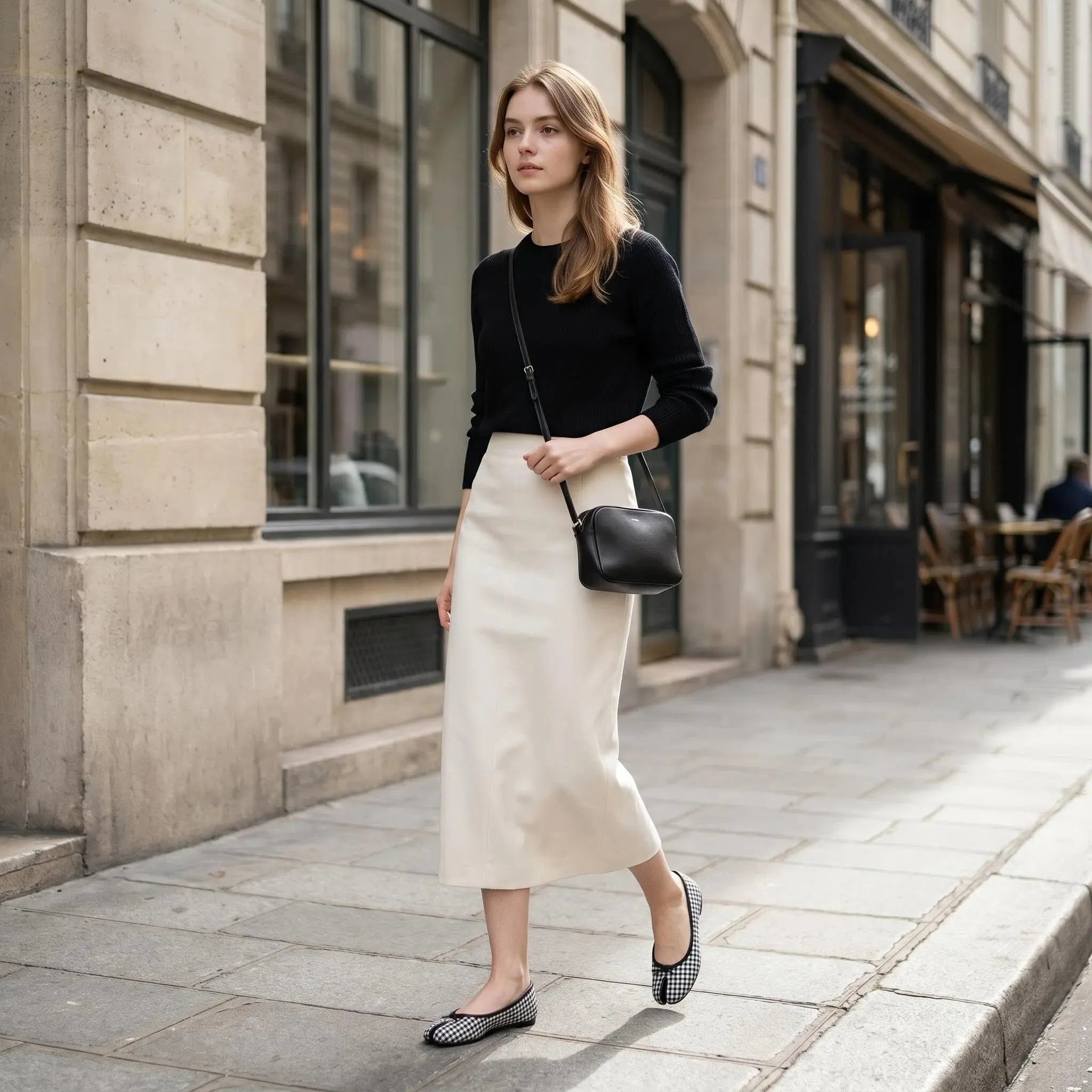 ZQW Tartan Tabi Ballet Flats in black, model wearing – classic black tartan flats with tabi design, comfortable and stylish for work or travel
