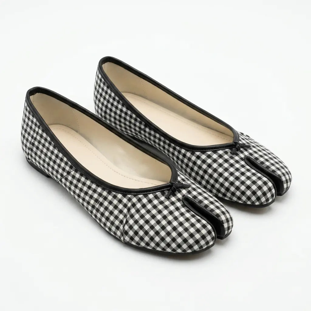ZQW Tartan Tabi Ballet Flats in black, pair 45-degree view – matching black tartan plaid flats, low heel, perfect for daily casual or office wear