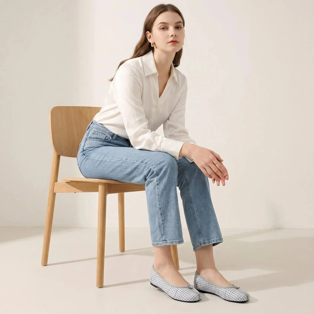 ZQW Tartan Tabi Ballet Flats in blue tartan, model wearing – classic blue tartan flats with tabi design, comfortable and stylish for work or travel