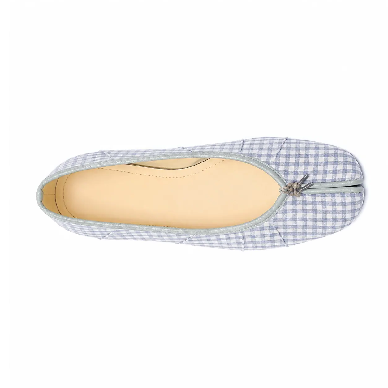 ZQW Tartan Tabi Ballet Flats in blue tartan, top view – blue and navy checkered woven fabric, round split-toe silhouette, cushioned insole, wide-foot friendly