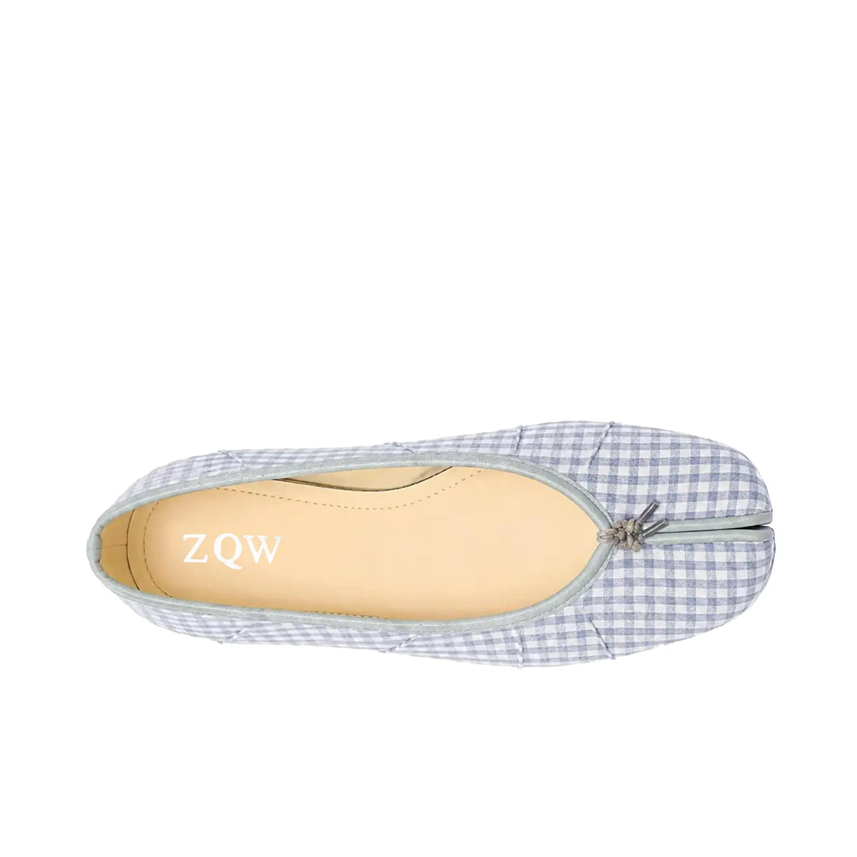 ZQW Tartan Tabi Ballet Flats in blue tartan, top view – blue and navy checkered woven fabric, round split-toe silhouette, cushioned insole, wide-foot friendly