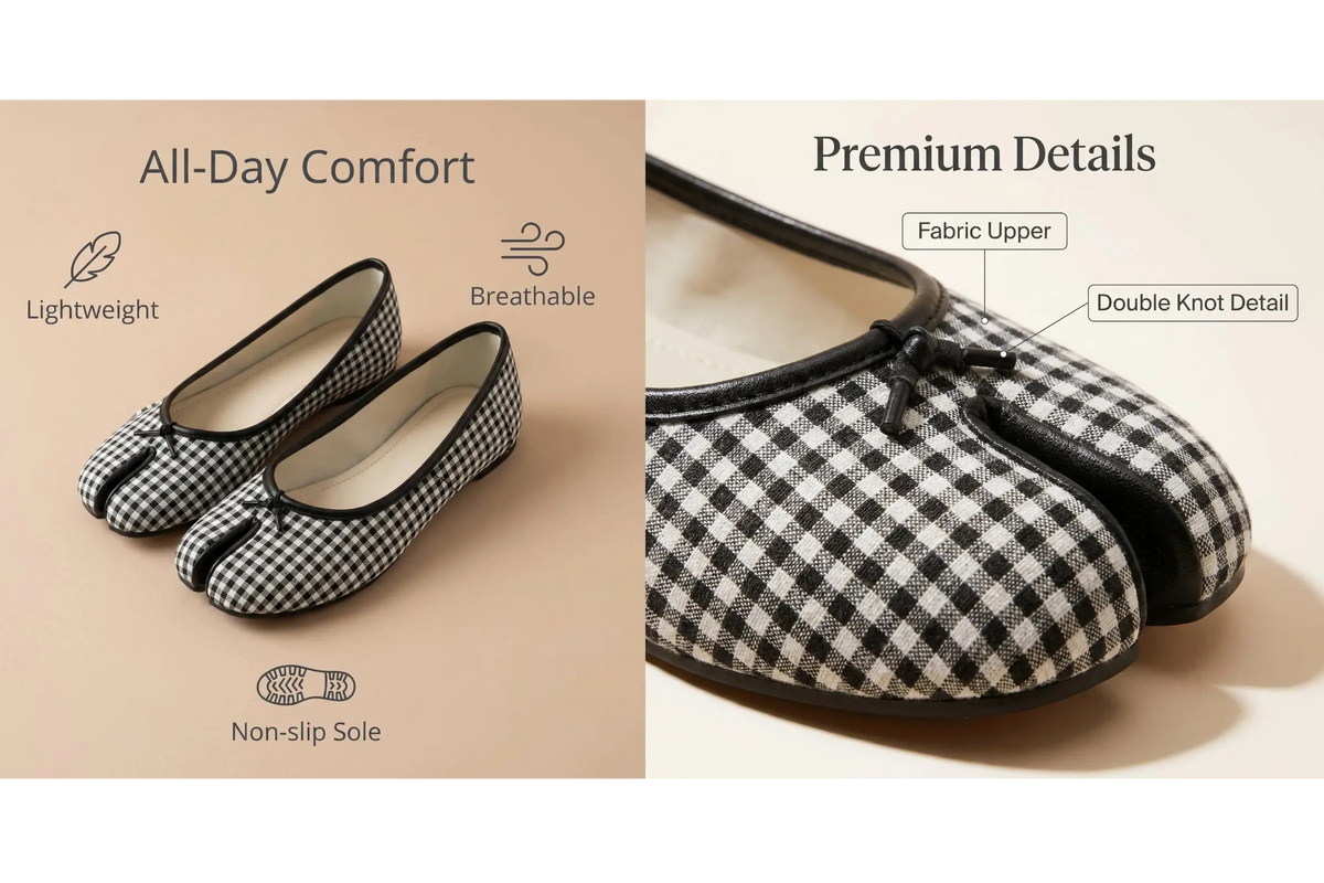 Black and white checkered shoes with comfort and detail features on a beige background