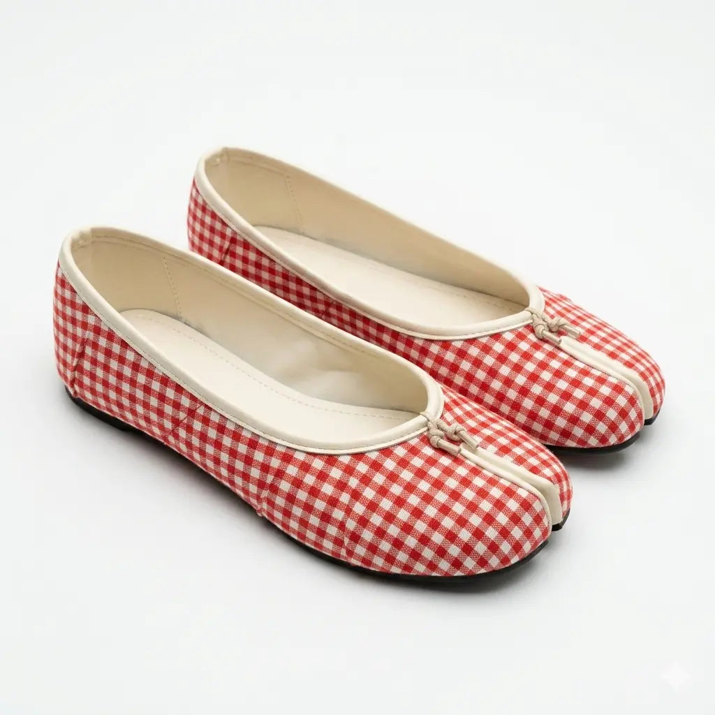 ZQW Tartan Tabi Ballet Flats in red tartan, pair 45-degree view – matching red plaid flats, low heel, perfect for daily casual or office wear