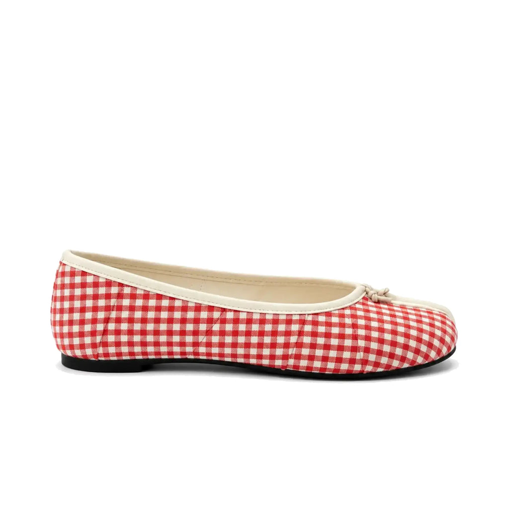 ZQW Tartan Tabi Ballet Flats in red tartan, side view – low 0.28-inch heel, anti-slip rubber outsole, breathable fabric upper, slip-on style