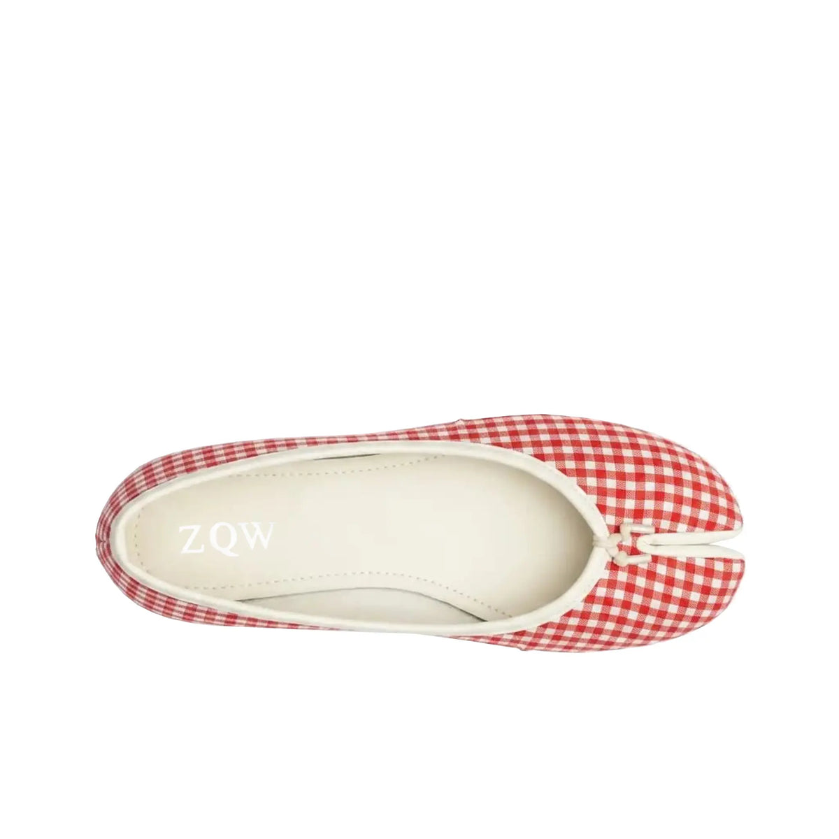 ZQW Tartan Tabi Ballet Flats in red tartan, top view – red and black checkered woven fabric, round split-toe silhouette, cushioned insole, wide-foot friendly