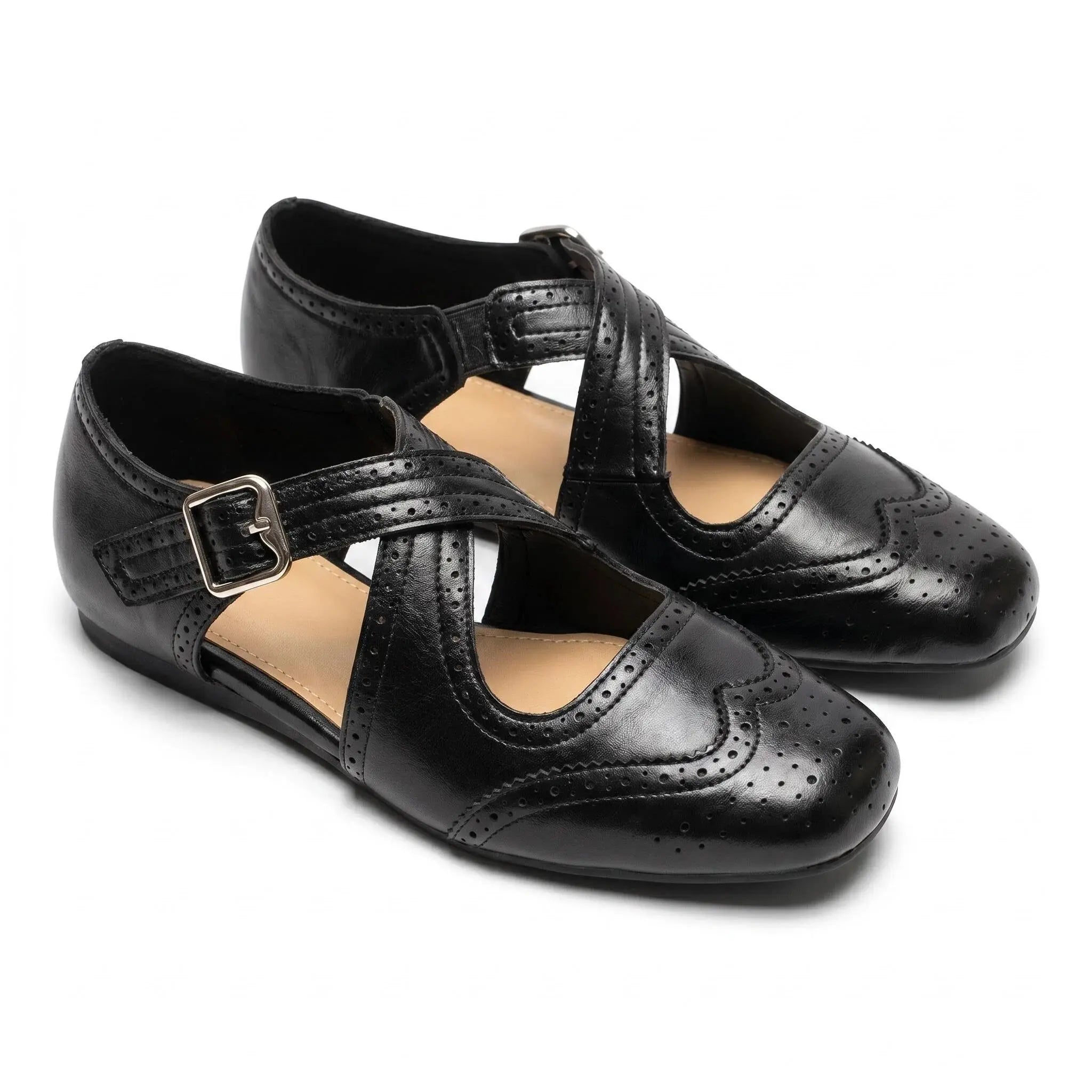 ZQW Western Cross Flats in black, pair 45-degree view – matching western style cross strap sandals, closed toe, perfect for summer